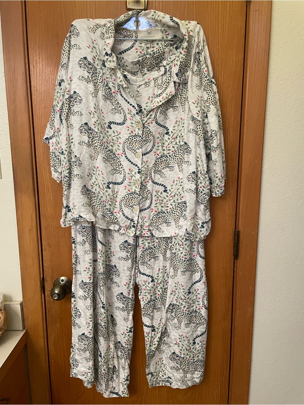 Printfresh Women’s Pajama Set - White with Navy and Pink Pattern - size M